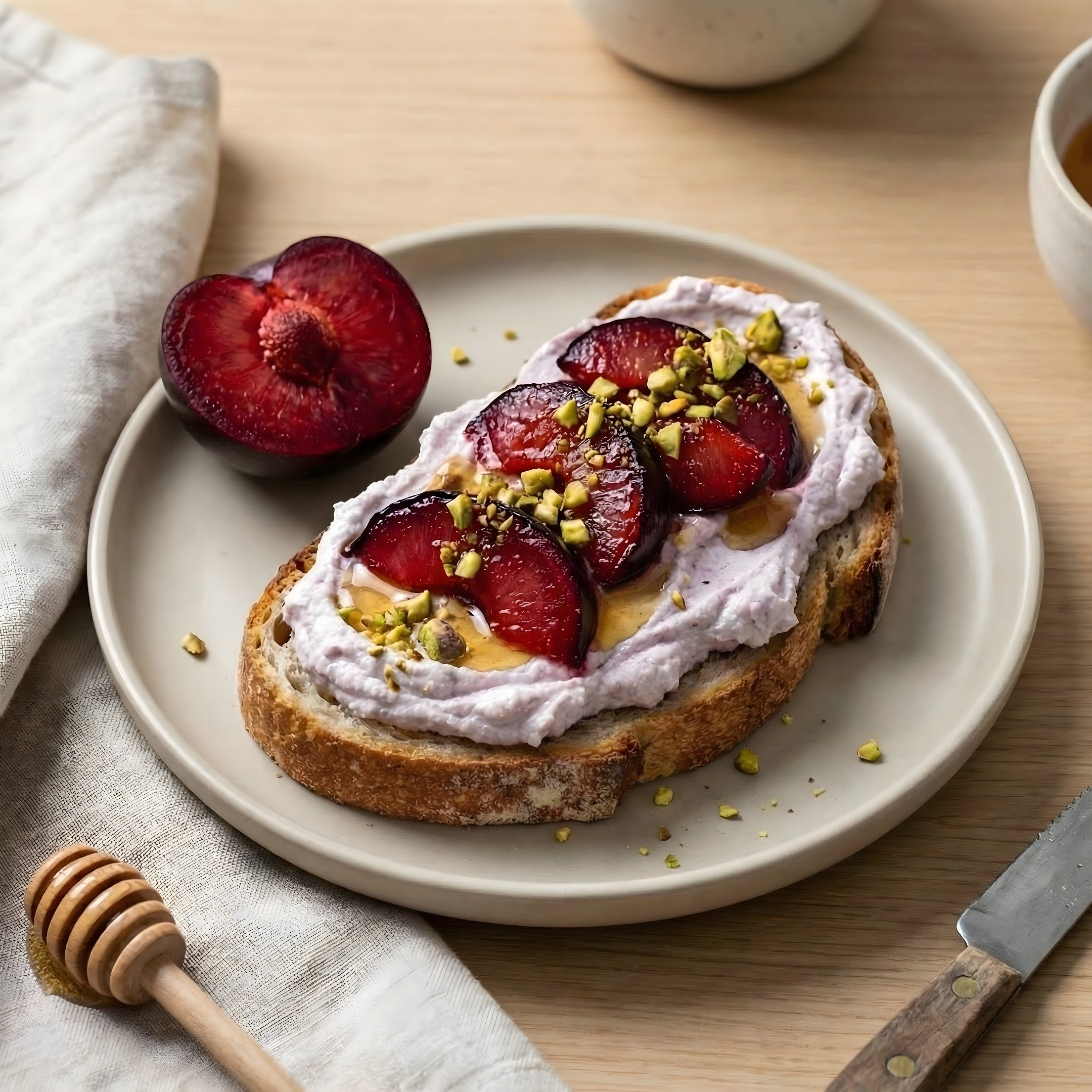 Warm Queen Garnet Plum & Gut Care Ricotta Toast